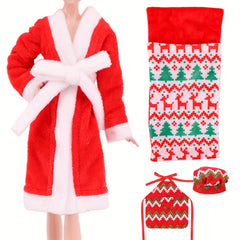 4pcs Christmas Elf Accessories Set: Apron, Sleeping Bag, Bathrobe, Hat
