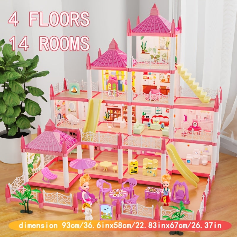 4 Floor Princess Playhouse Dollhouse w/ 11 Rooms Pretend Play Toy
