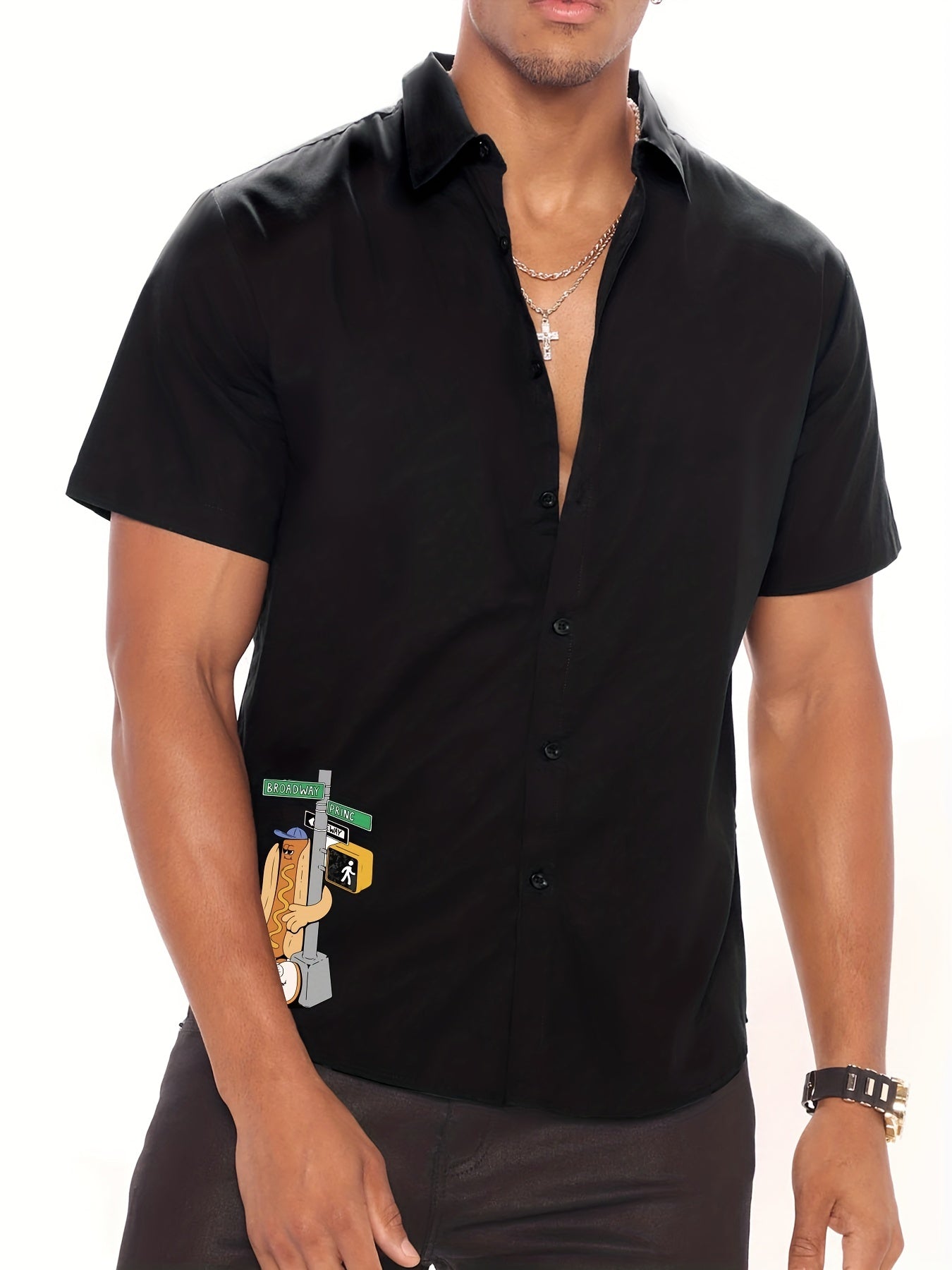 Skull Hot Dog & Letter Graphic Print Men's Casual Lapel Shirt