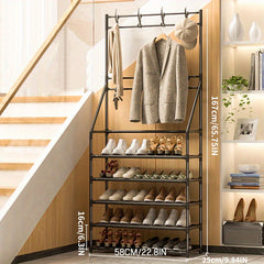 Entrance Coat Rack Foyer Shoe Rack with Storage Shelves & Hooks