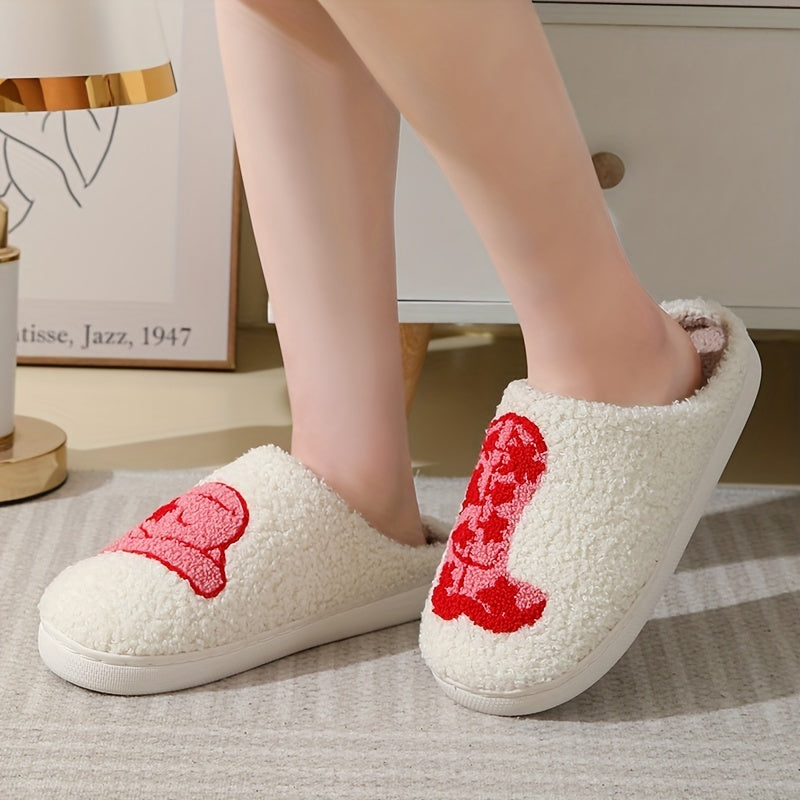 Cartoon Print Plush Slippers Winter Warm Closed Toe Flat Shoes