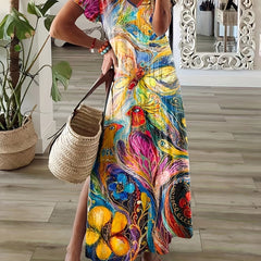 Peacock Print Split Dress Boho V Neck Maxi Dress Women's Clothing
