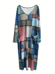 Denim Print Long Sleeve Maxi Dress With Pockets