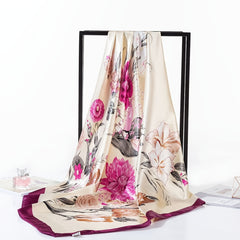 Vintage Flower Print Square Scarf Satin Shawl Windproof Head Wrap