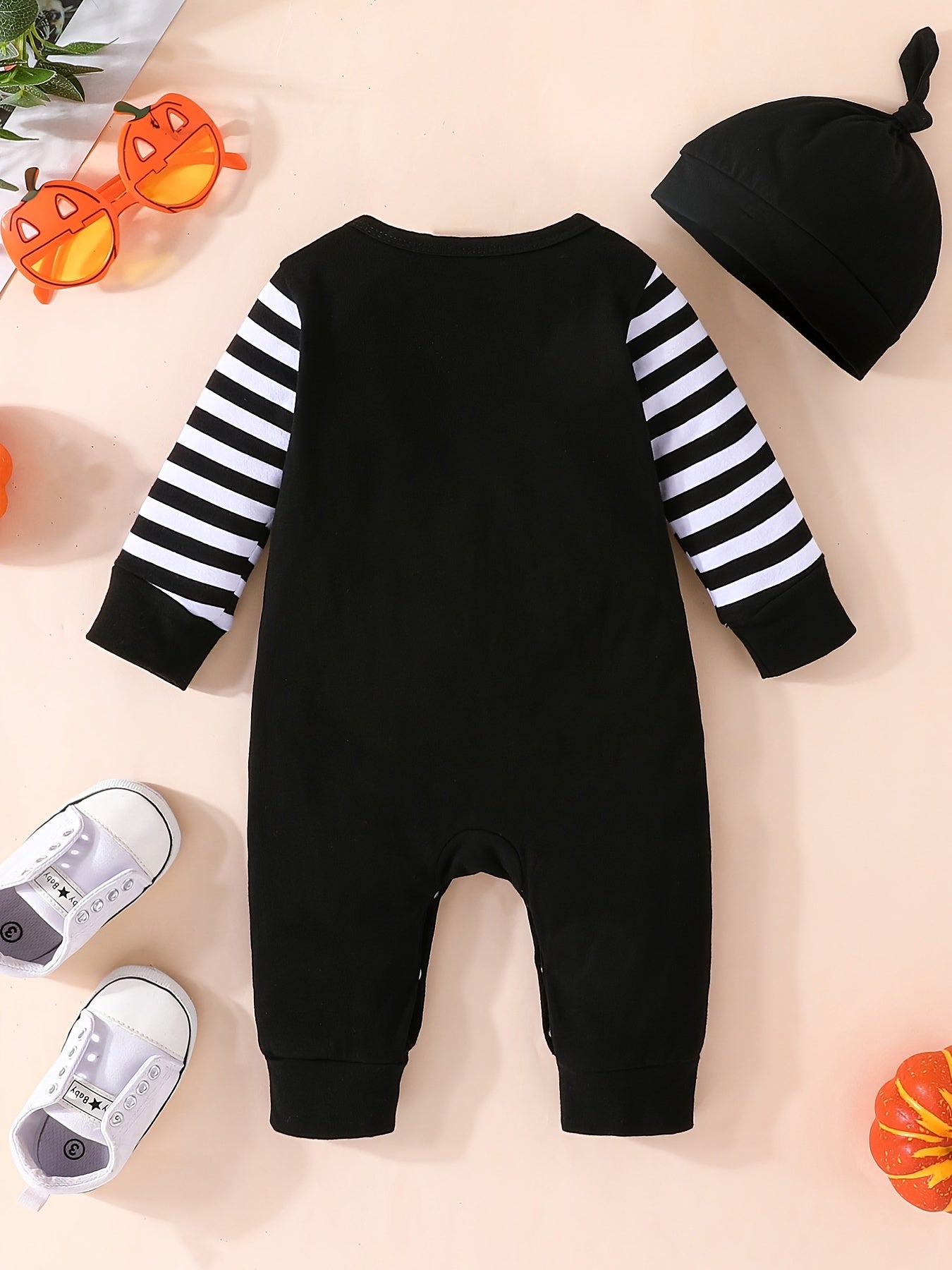 Halloween Striped Long Sleeve Romper Set Baby Bodysuit Hat 2pcs