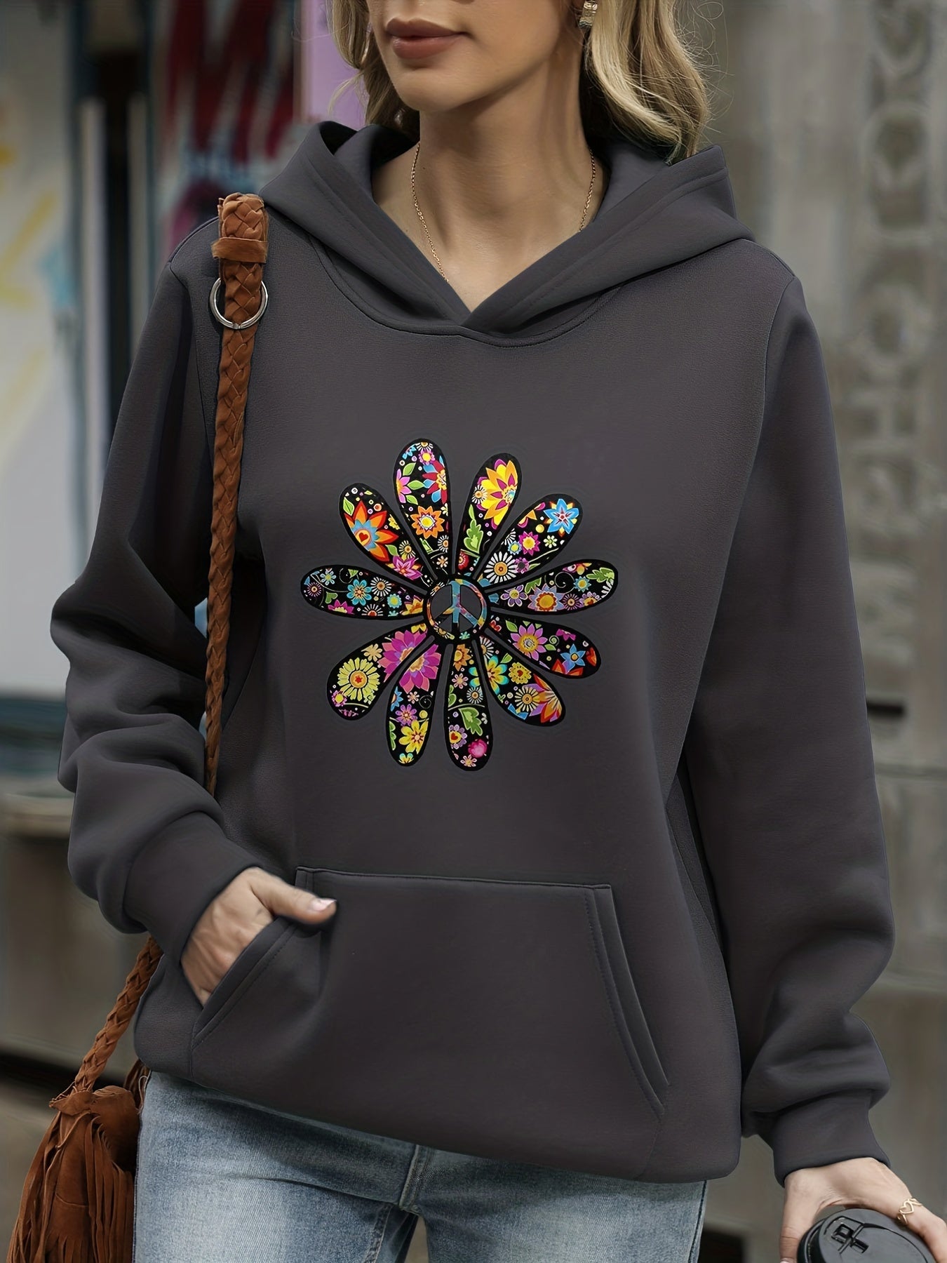 Floral Print Kangaroo Pocket Hoodie Long Sleeve Sweatshirt
