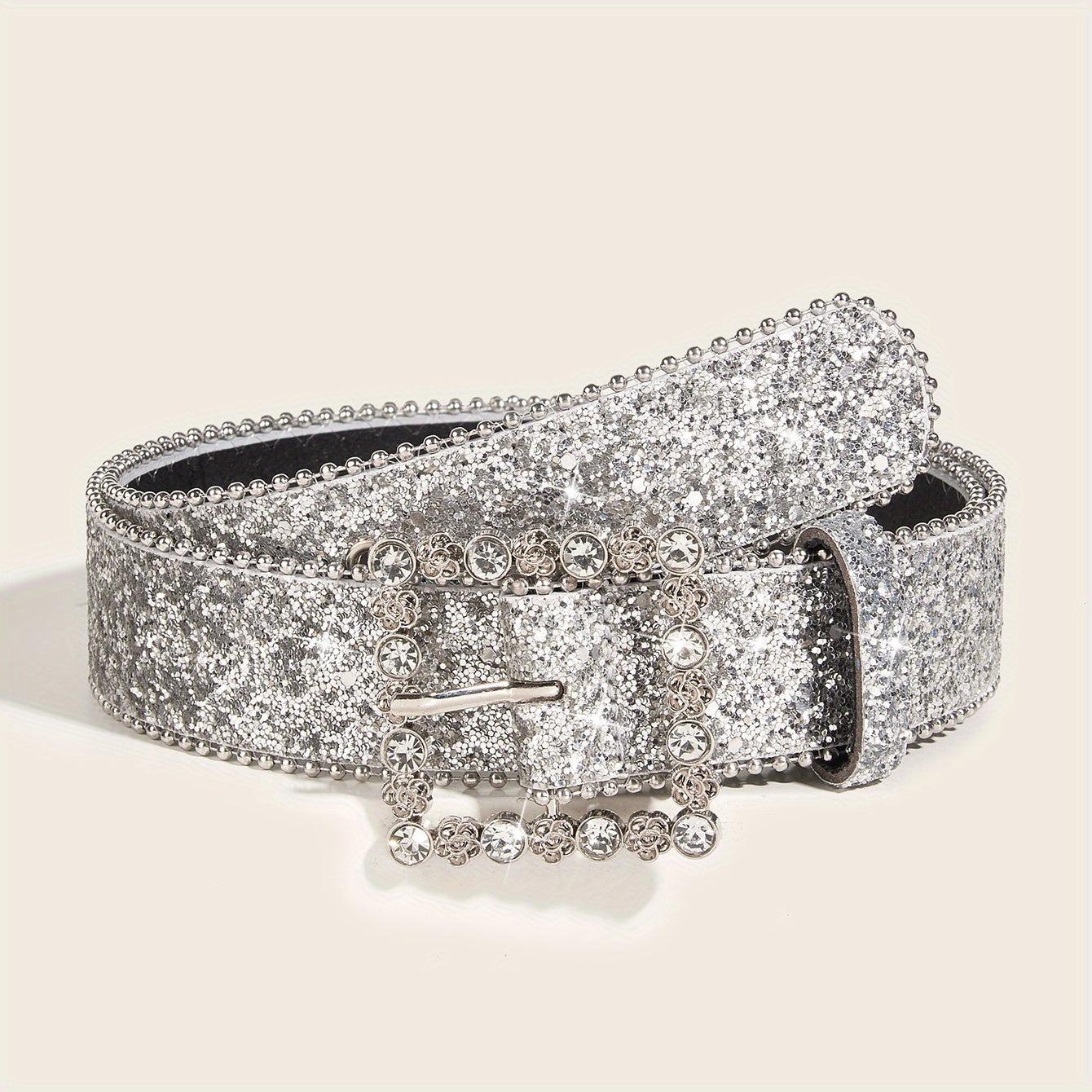 Glitter Sparkle Square Pin Buckle Belt Beaded Jeans Belt for Women