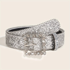Glitter Sparkle Square Pin Buckle Belt Beaded Jeans Belt for Women