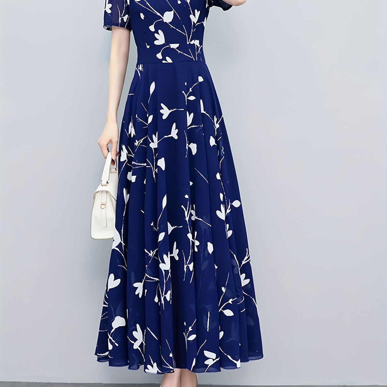 Floral Print Pleated Dress V Neck Maxi Dress Women's Clothing