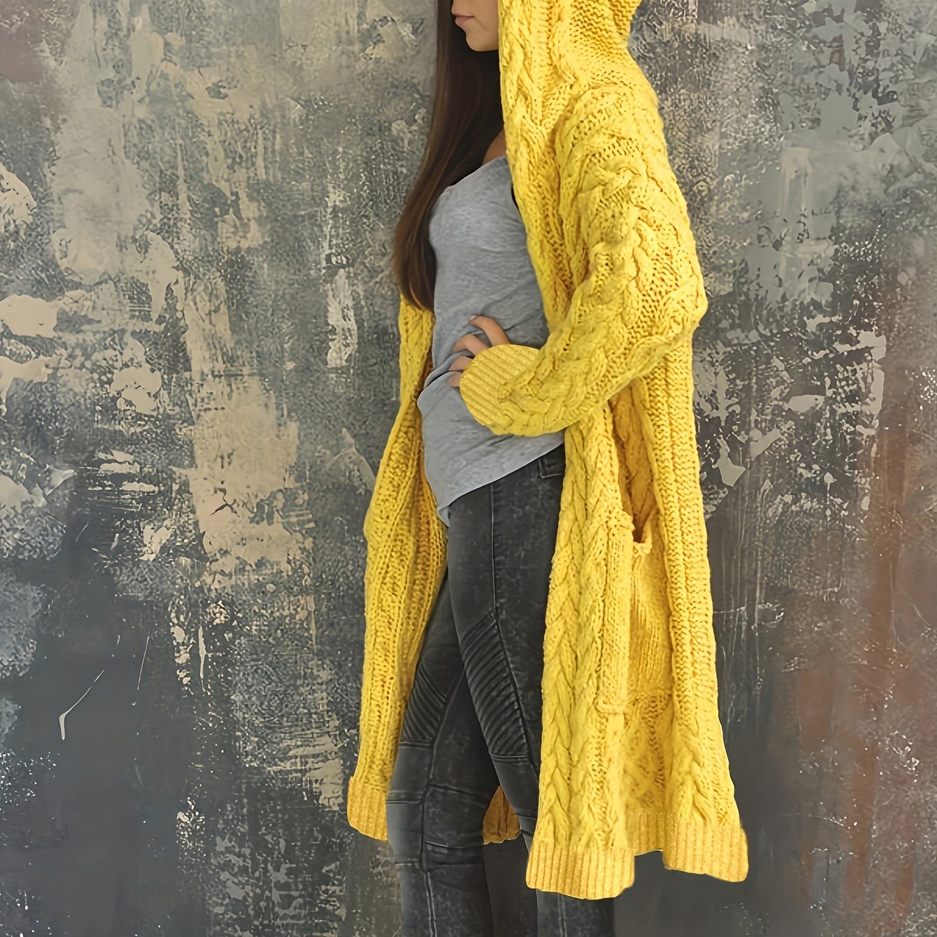 Chunky Knit Hooded Cardigan Long Open Front Sweater