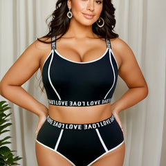 Letter Tape Sports Lingerie Set Crew Neck Bra & Panty Two Piece Set