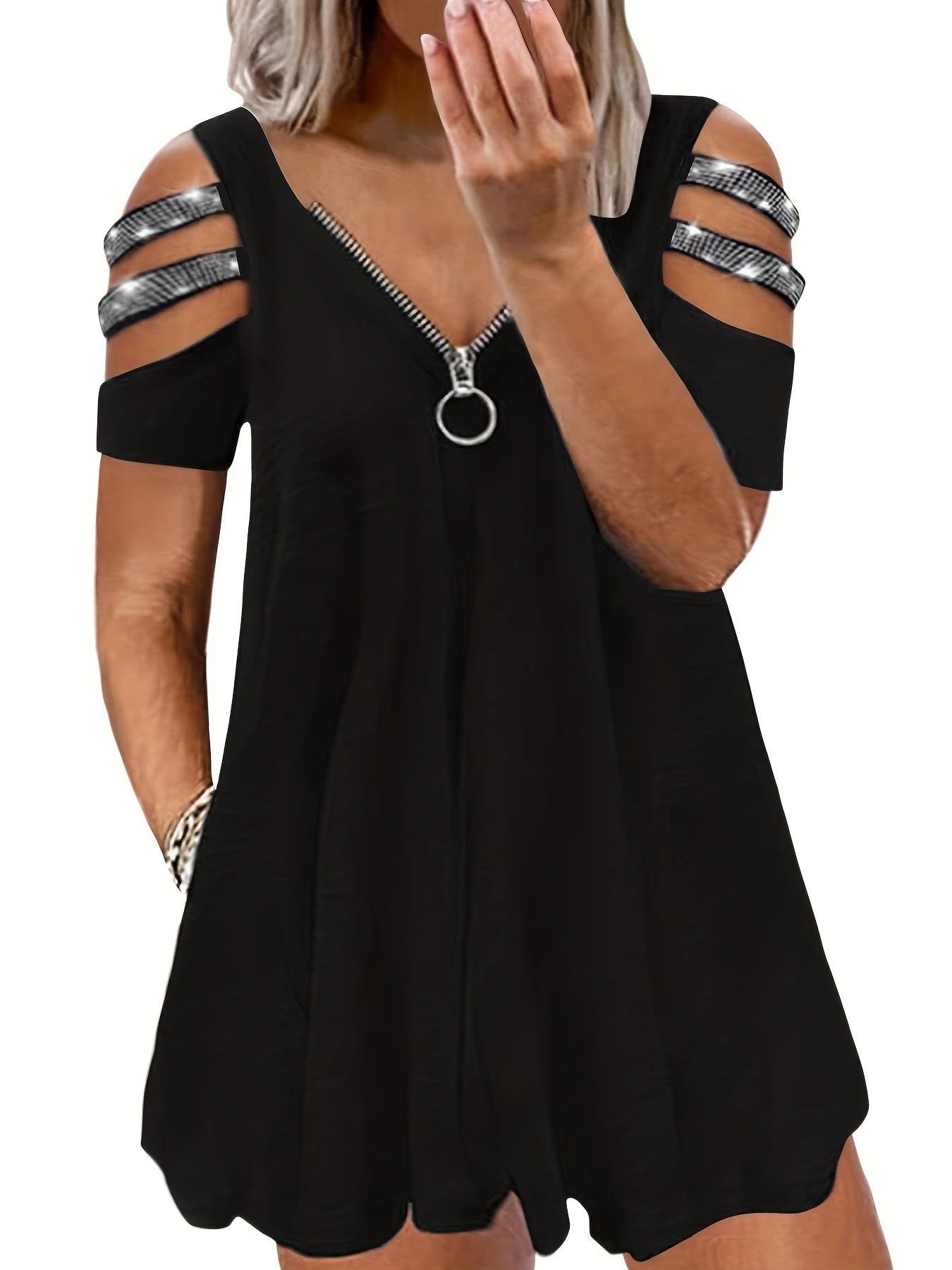 Rhinestone Cut Sleeve V Neck Dress