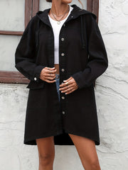 Hooded Long Denim Jacket Single Breasted Button Coat