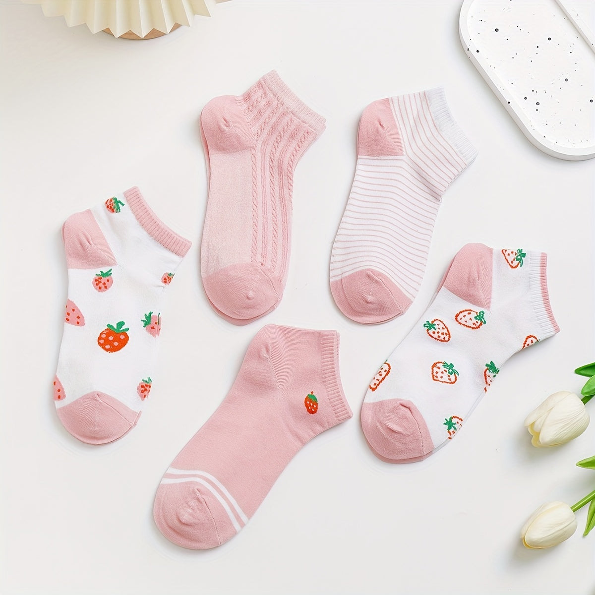 5 Pairs Strawberry Print & Striped Ankle Socks Women's Stockings