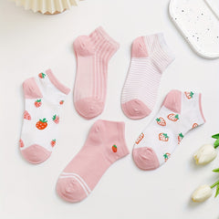 5 Pairs Strawberry Print & Striped Ankle Socks Women's Stockings