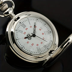 Smooth Case Roman Numerals Dial Quartz Pocket Watch Fob Pendant Chain