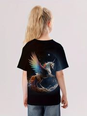 3D Unicorn With Wings Graphic T shirt Girls Casual Short Sleeve Tees