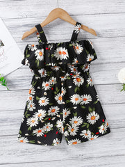 Floral Cold Shoulder Ruffle Trim Romper Jumpsuit Girls Summer Clothes