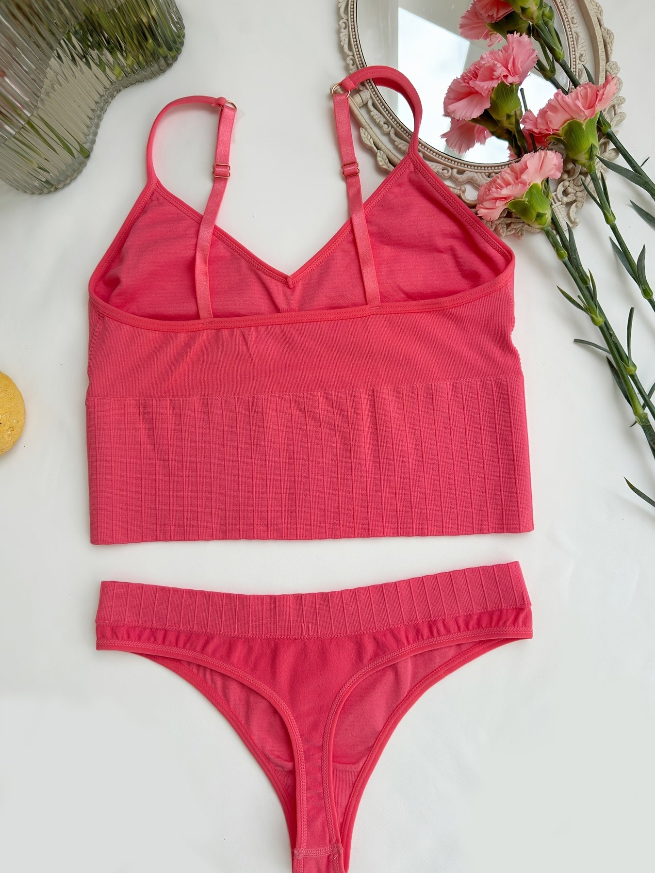 Solid Bra & Panties Soft Wireless Bralette & Thong Panties Set
