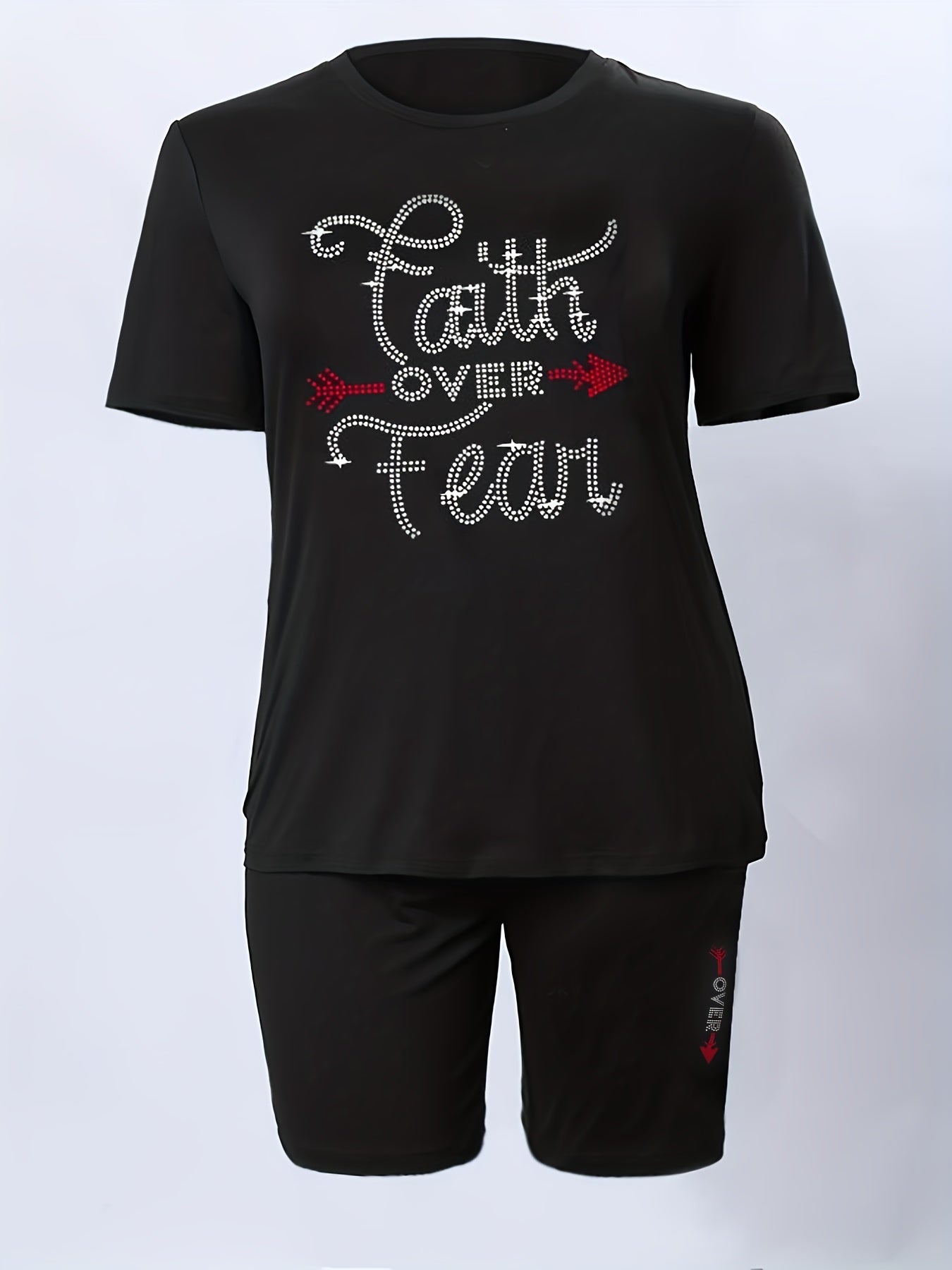 Women's Plus Rhinestone Letter Tee & Shorts Outfit Set