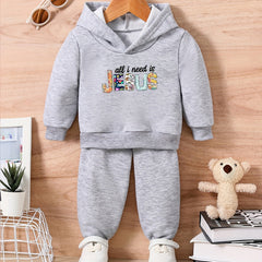 Baby Letter Print Casual Outfit Long Sleeve Hoodie Trousers Set