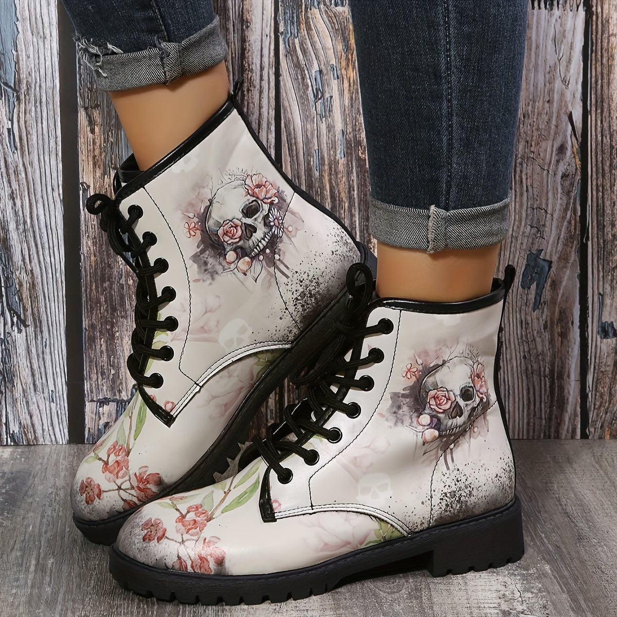 Women's Halloween Skull & Flower Combat Boots Lace Up Round Toe Flat Short Boots