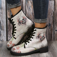 Women's Halloween Skull & Flower Combat Boots Lace Up Round Toe Flat Short Boots