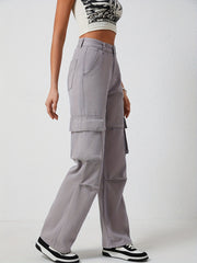 Denim Cargo Pants Mid Rise Loose Casual Kpop Cargo Jeans