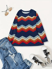 Colorblock Stripe Print Pullover Sweatshirt Long Sleeve Crew Neck