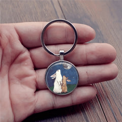 Men's Two Rabbits Watching Moon Keychain Bag Wallet Charm