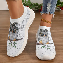 Women's Rhinestone Owl Printed Low Top Sneakers