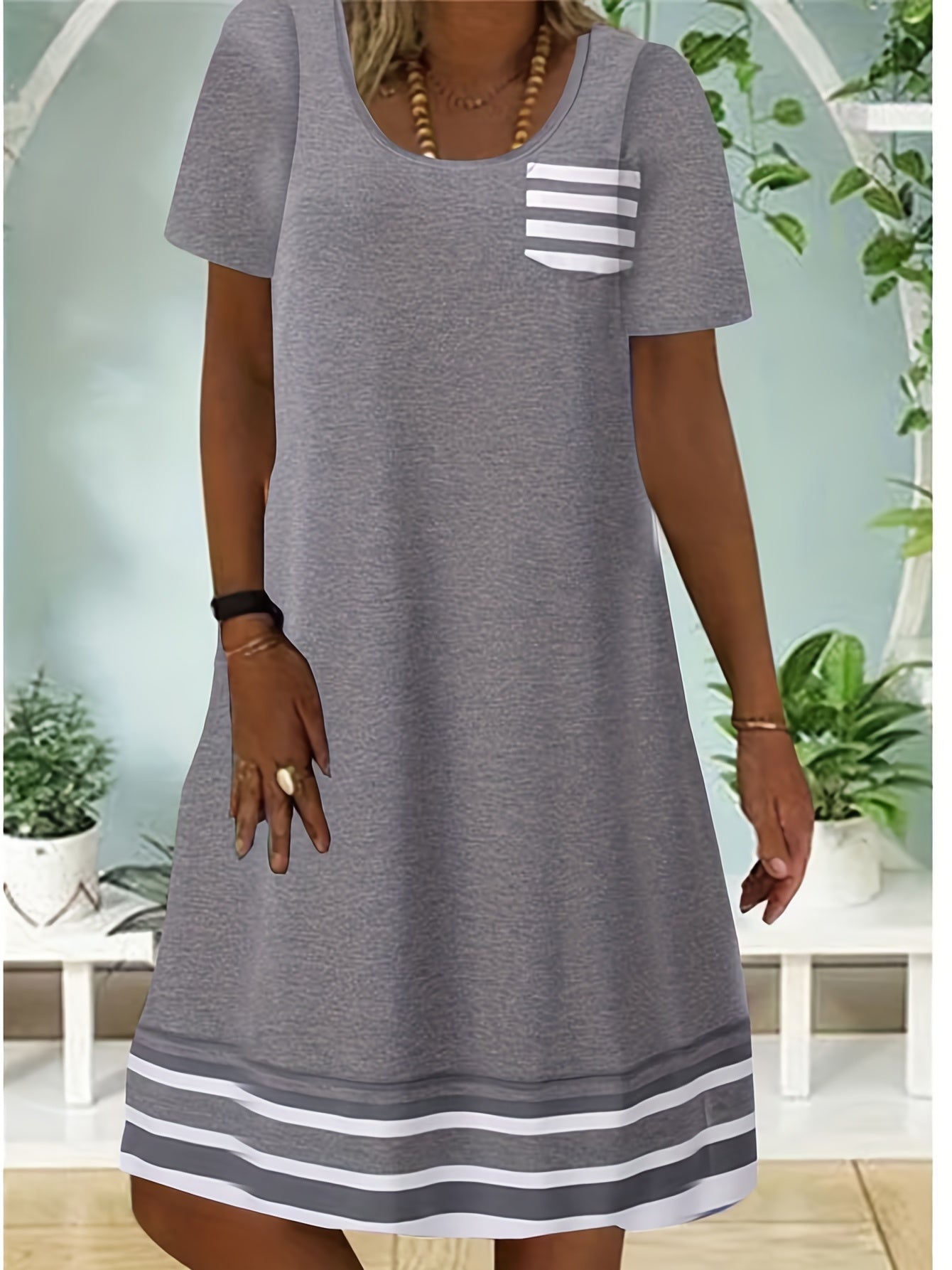 Casual Colorblock Stripe Print Round Neck Dress