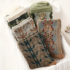 5 Pairs 3D Floral Textured Retro Style Mid Tube Socks Women's St