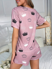 Crown Print Short Pajamas Set & Blindfold Women's Sleepwear