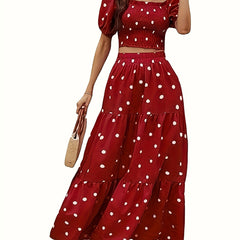 Polka Dot Print Shirred Puff Sleeve Square Neck Crop Top & Skirt Set