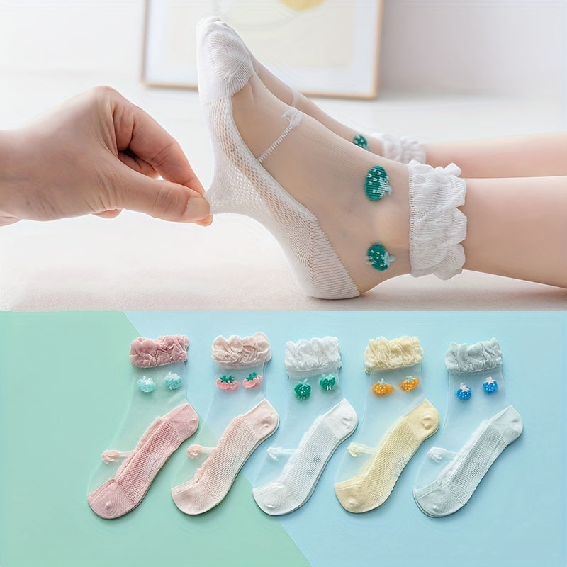 5 Pairs Kids Ice Stockings Ultra-thin Mesh Crystal Socks Cotton Strawberry Lace
