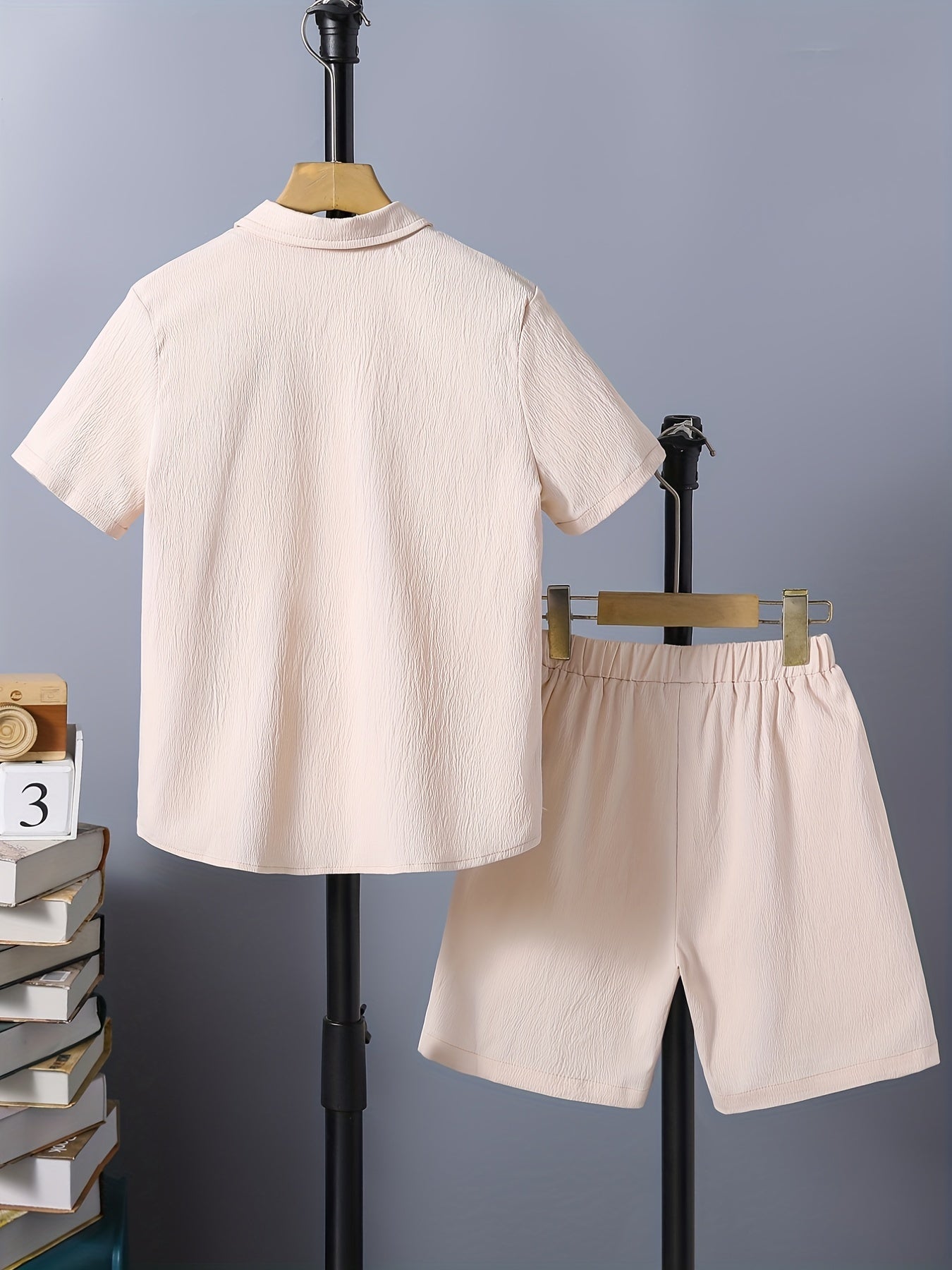 Boys 2pcs Button Down Shirt & Shorts Set Solid Textured Top Casual Kids Clothes