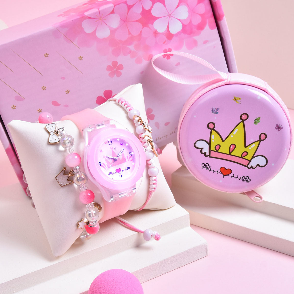 Princess Crown Silicone Strap Quartz Wristwatch Set