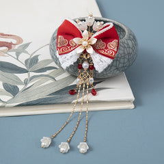 Vintage Embroidered Ribbon Bow Hair Clips with Lace Tassel