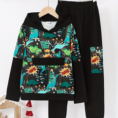Boys Dino Pattern 2pcs Hoodie & Sweatpants Set for Spring