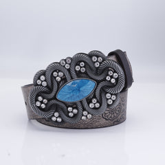 Retro Men's Turquoise Inlaid Rhinestone Wide Leather Belt