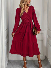 Tiered Surplice Neck Dress Long Sleeve Midi Dress Women's Clothing