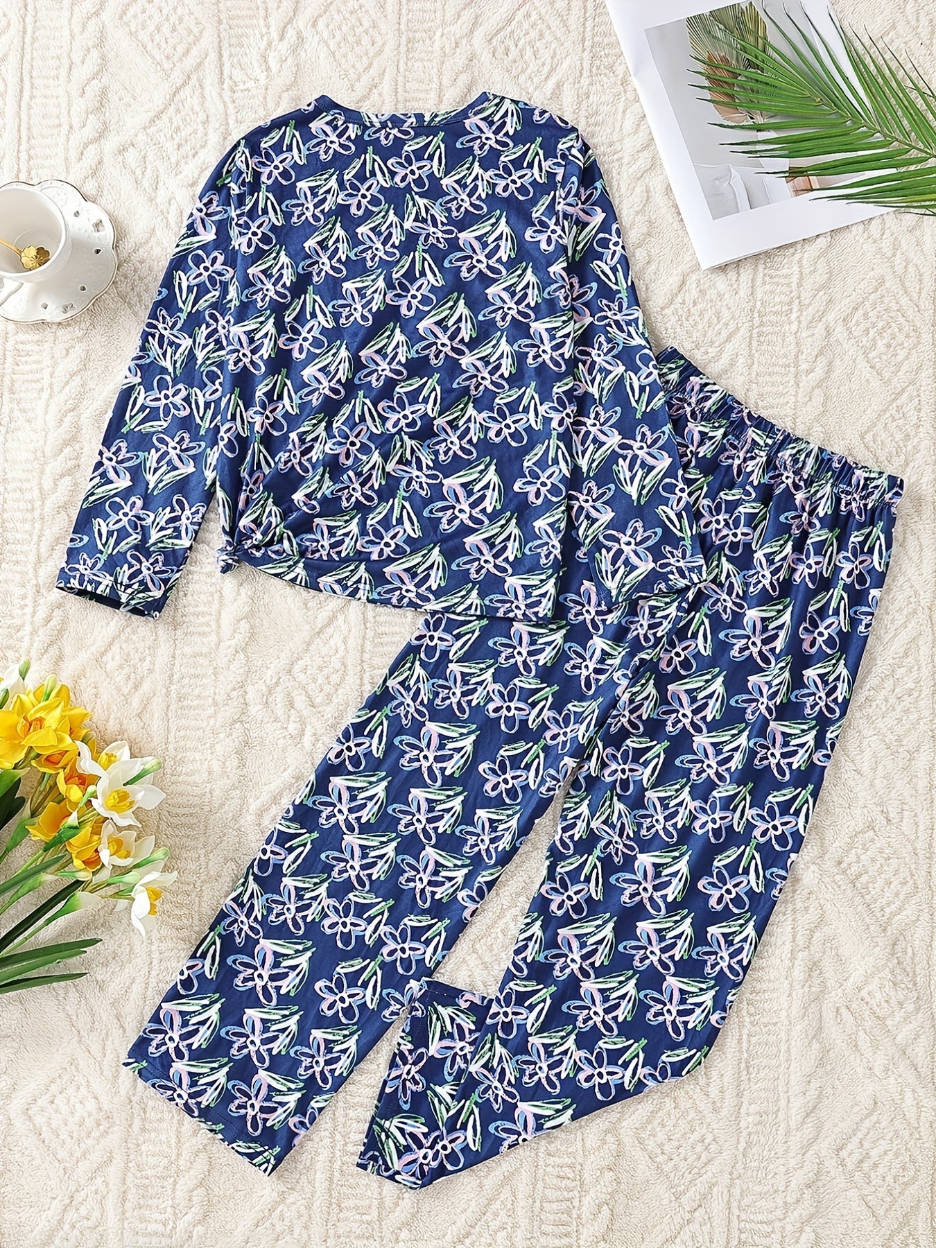 Girls 2pcs Pajamas Set Floral Print Long Sleeve Round Neck Pullover Loungewear