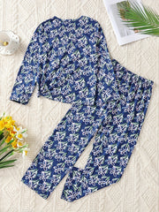 Girls 2pcs Pajamas Set Floral Print Long Sleeve Round Neck Pullover Loungewear