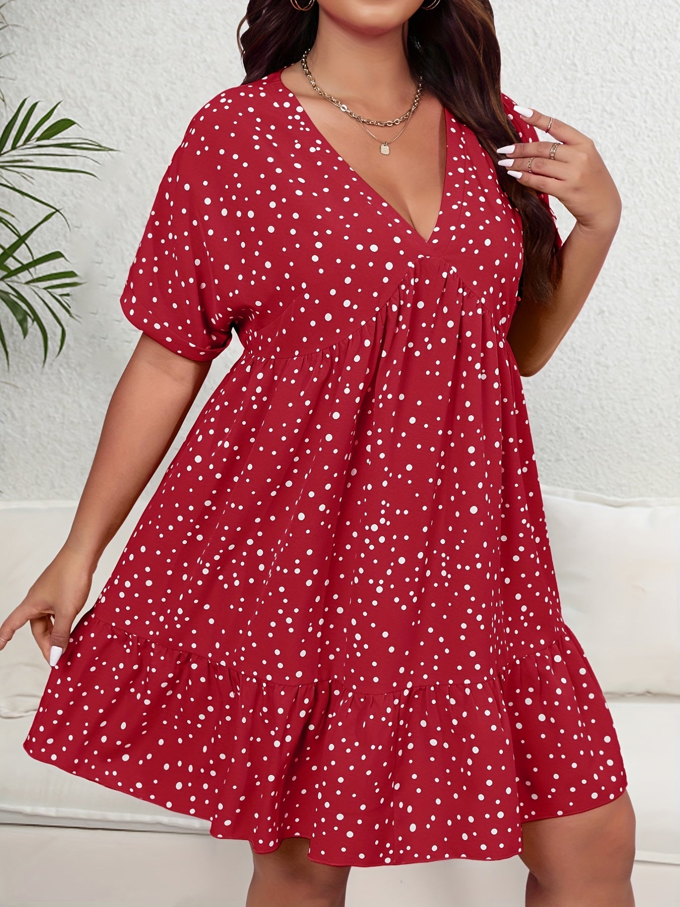 Polka Dot Ruffle Trim V Neck Smock Dress