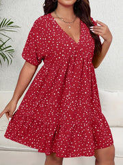 Polka Dot Ruffle Trim V Neck Smock Dress