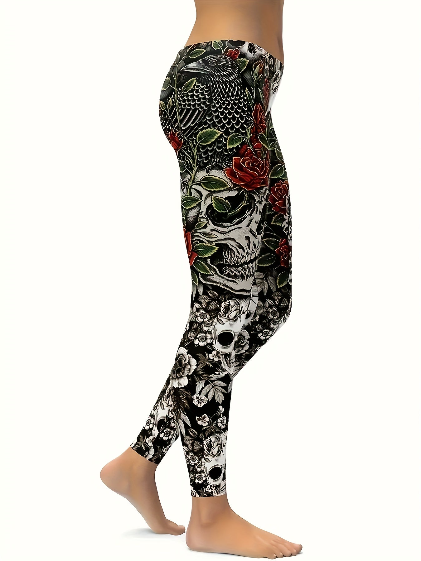 Floral Skull Print High Rise Leggings