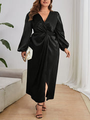 Solid Lantern Sleeve Surplice Neck Wrap Dress