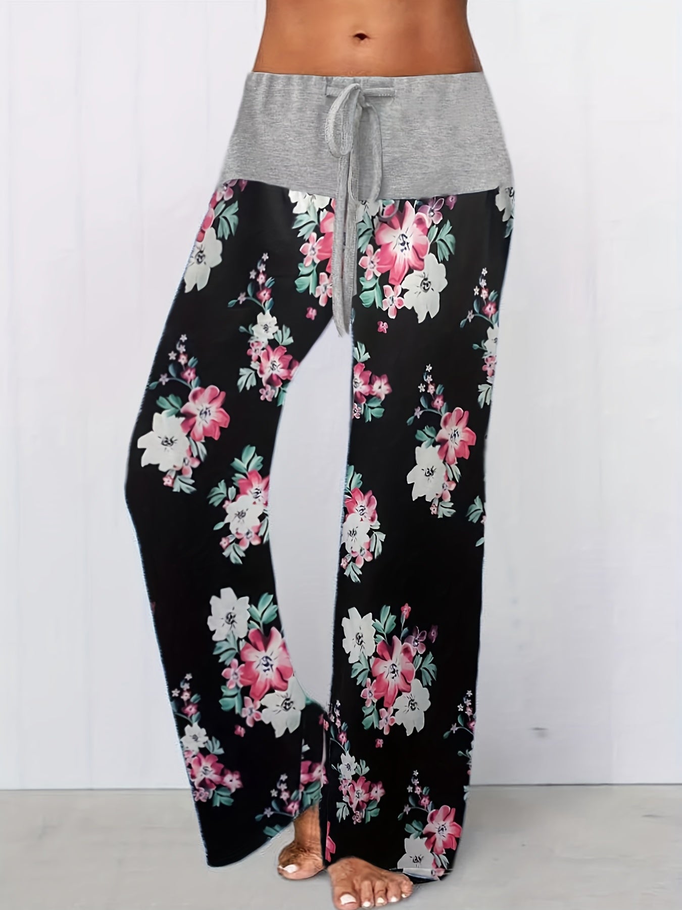 Floral Print Wide Leg Drawstring Pants
