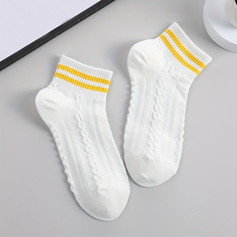 5 Pairs 3D Textured Socks Soft Striped Trim Short Socks Women's Stockings